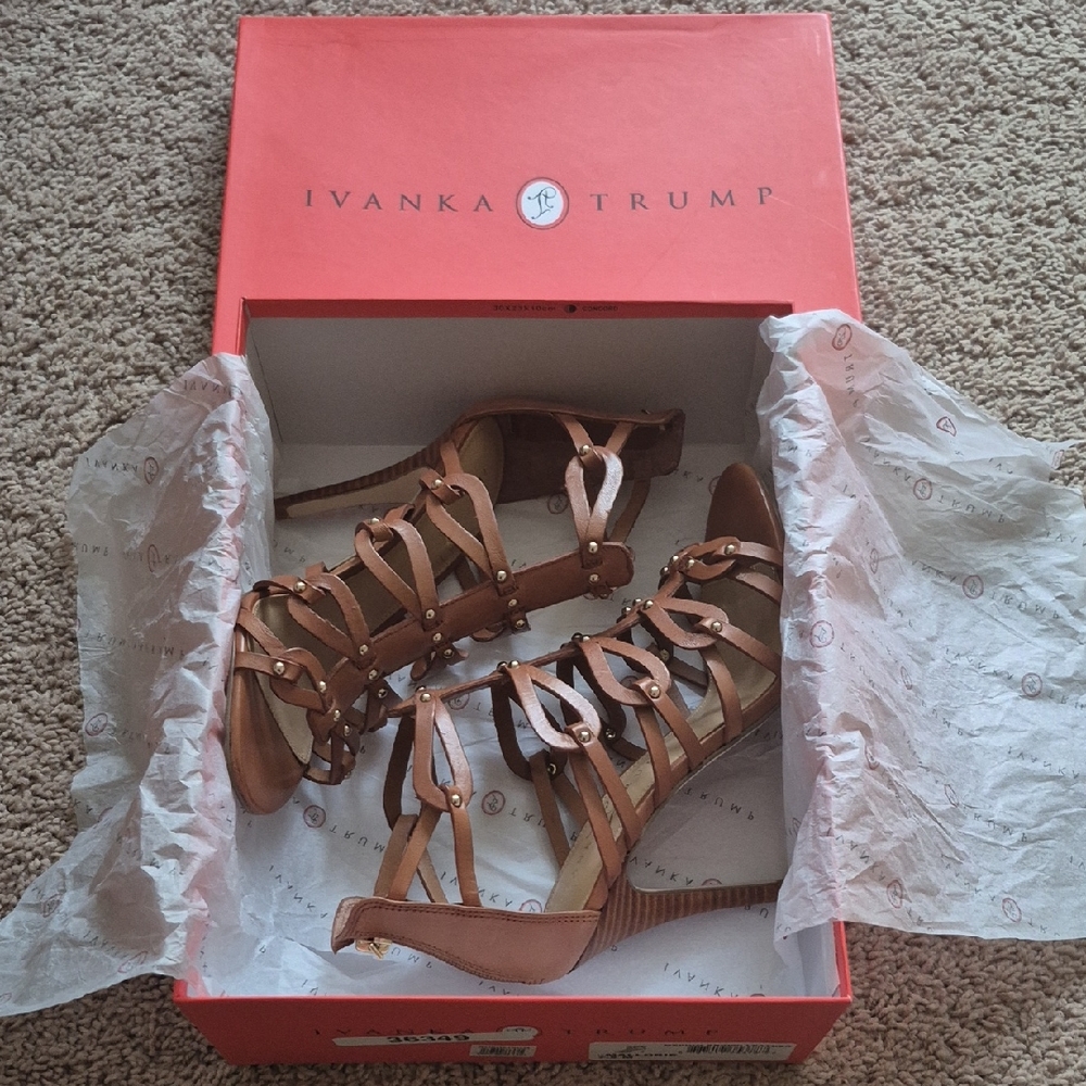BRAND NEW Ivanka Trump Women's Brown Mallorie Gladiator Stilettos W/Gold Accents